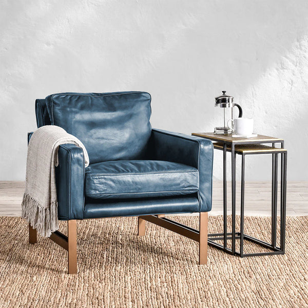 Blue Leather & Iron Club Chair