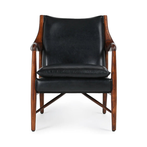 Curved Wood & Brown Leather Chair