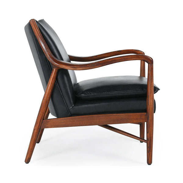Curved Wood & Brown Leather Chair