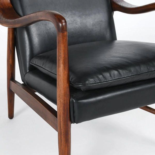 Curved Wood & Brown Leather Chair