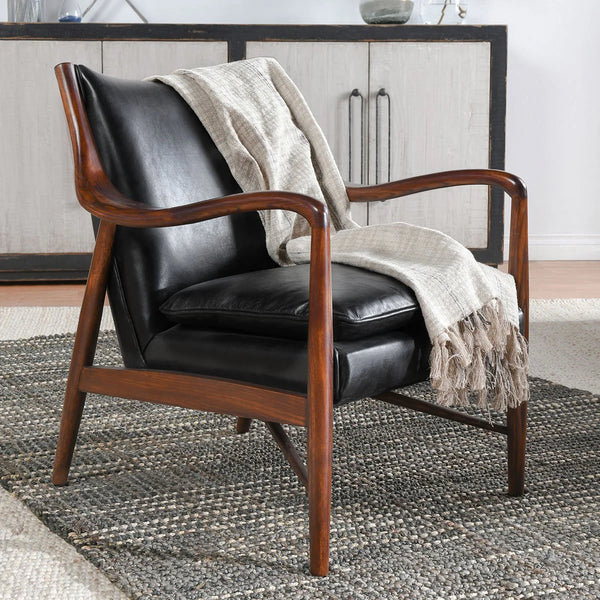 Curved Wood & Brown Leather Chair