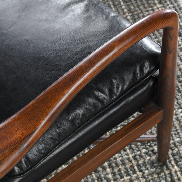 Curved Wood & Brown Leather Chair