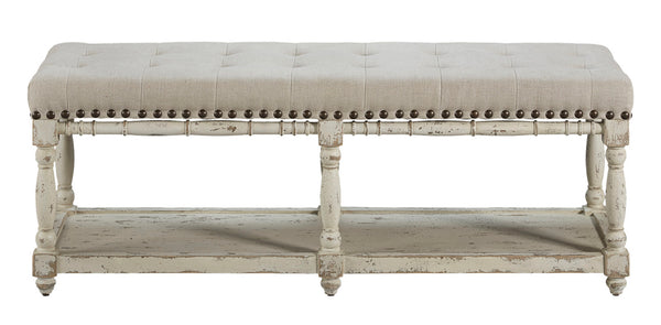 Whitewashed Wood & Linen Bench