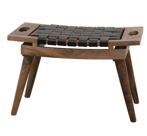 Woven Leather & Mango Wood Stool