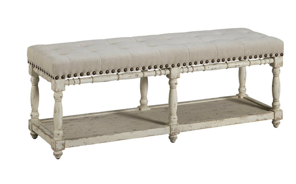 Whitewashed Wood & Linen Bench