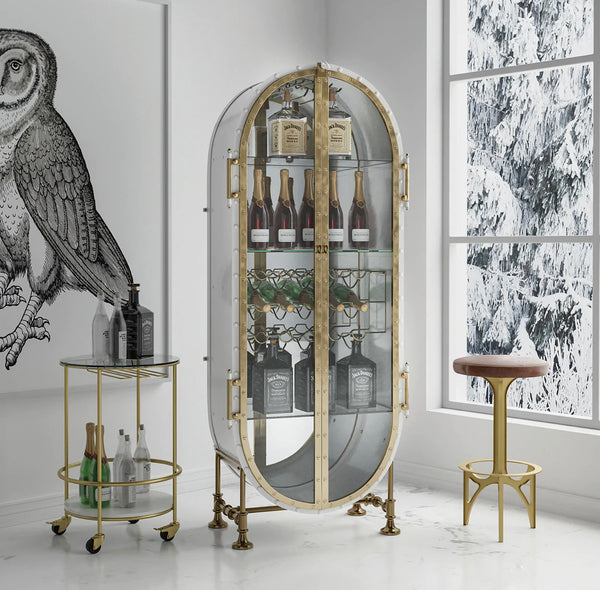 White/Gold Iron & Glass Bar Cabinet