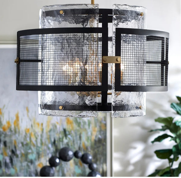 Iron & Frosted Glass Panel Chandelier