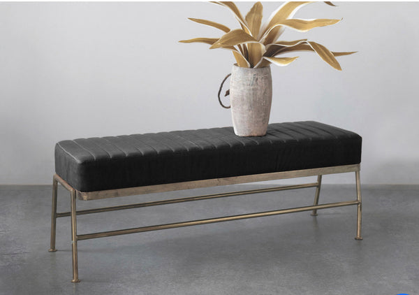 Black Leather & Iron Bench