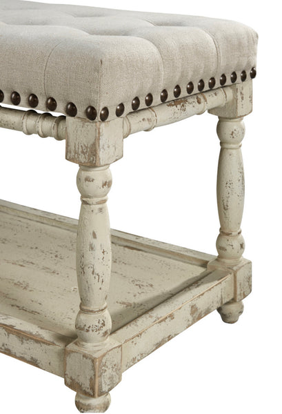 Whitewashed Wood & Linen Bench