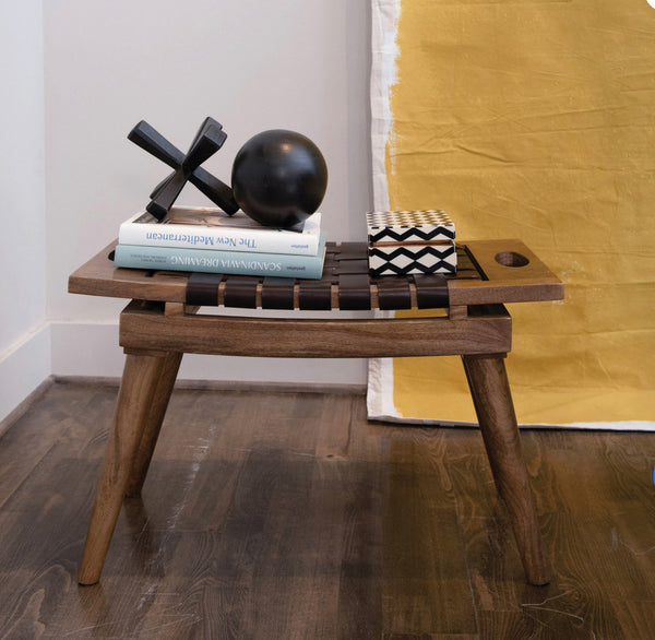 Woven Leather & Mango Wood Stool