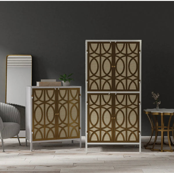 White/Gold Iron Rattan 2 Door Cabinet
