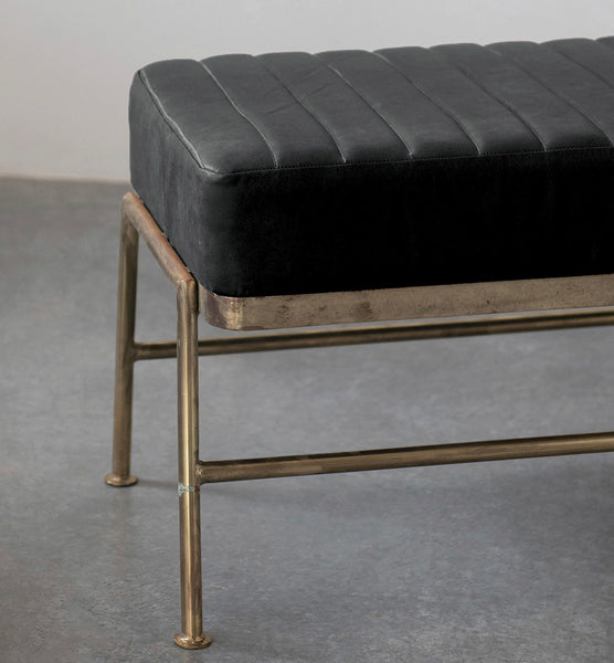 Black Leather & Iron Bench
