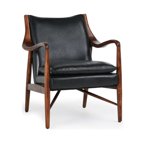 Curved Wood & Brown Leather Chair