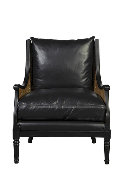 Oak, Rattan & Black Leather Chair