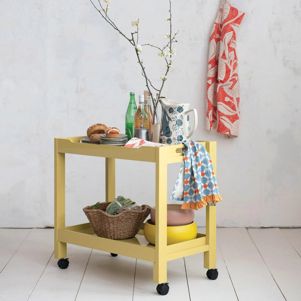 Yellow Lacquered Acacia Wood Bar Cart