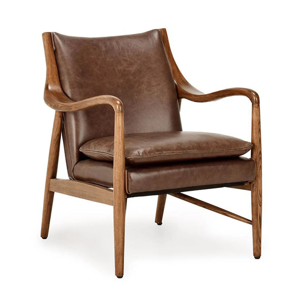 Curved Wood & Brown Leather Chair