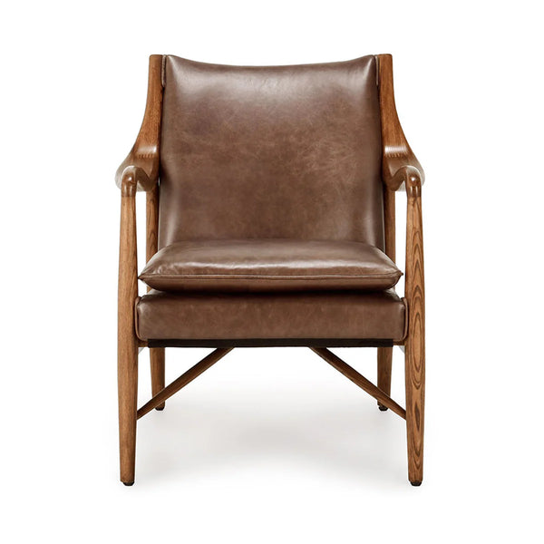 Curved Wood & Brown Leather Chair