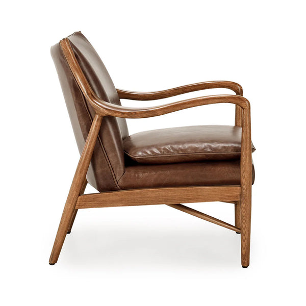 Curved Wood & Brown Leather Chair