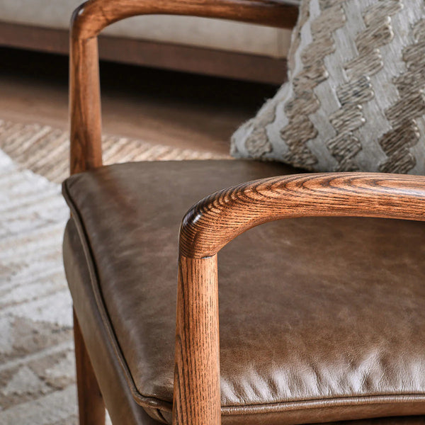 Curved Wood & Brown Leather Chair