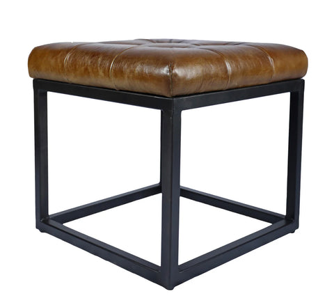 Brown Leather Tufted Stool