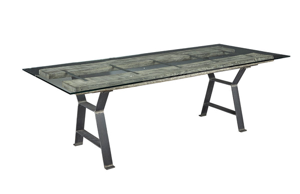 Glass/Iron/Oak Timbers Dining Table