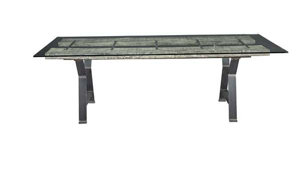 Glass/Iron/Oak Timbers Dining Table
