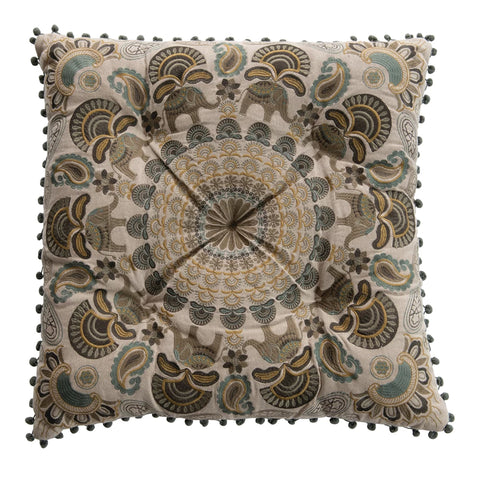 Embroidered Pillow w/ Elephants & Pom Poms