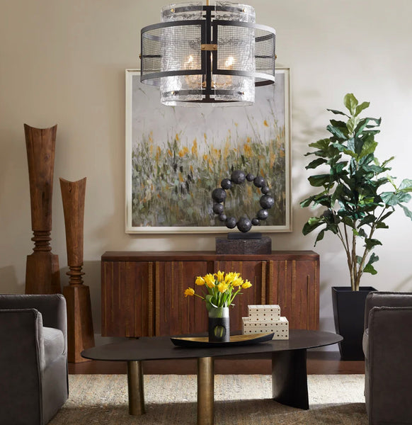 Iron & Frosted Glass Panel Chandelier